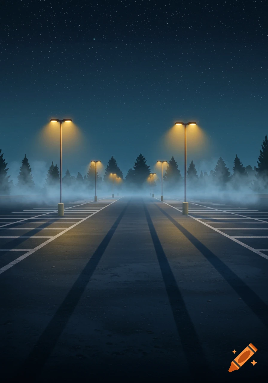 An empty parking lot at night, lit by street lamps, with fog and pine trees under a starry sky.