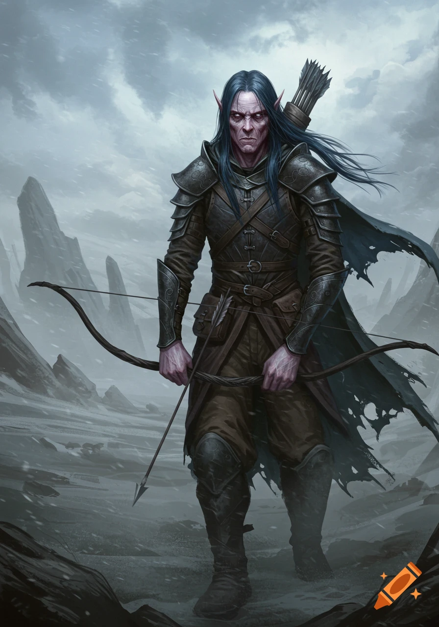 A gaunt Shadar-kai elf ranger in dark armor holds a longbow in a bleak, snowy mountain landscape.