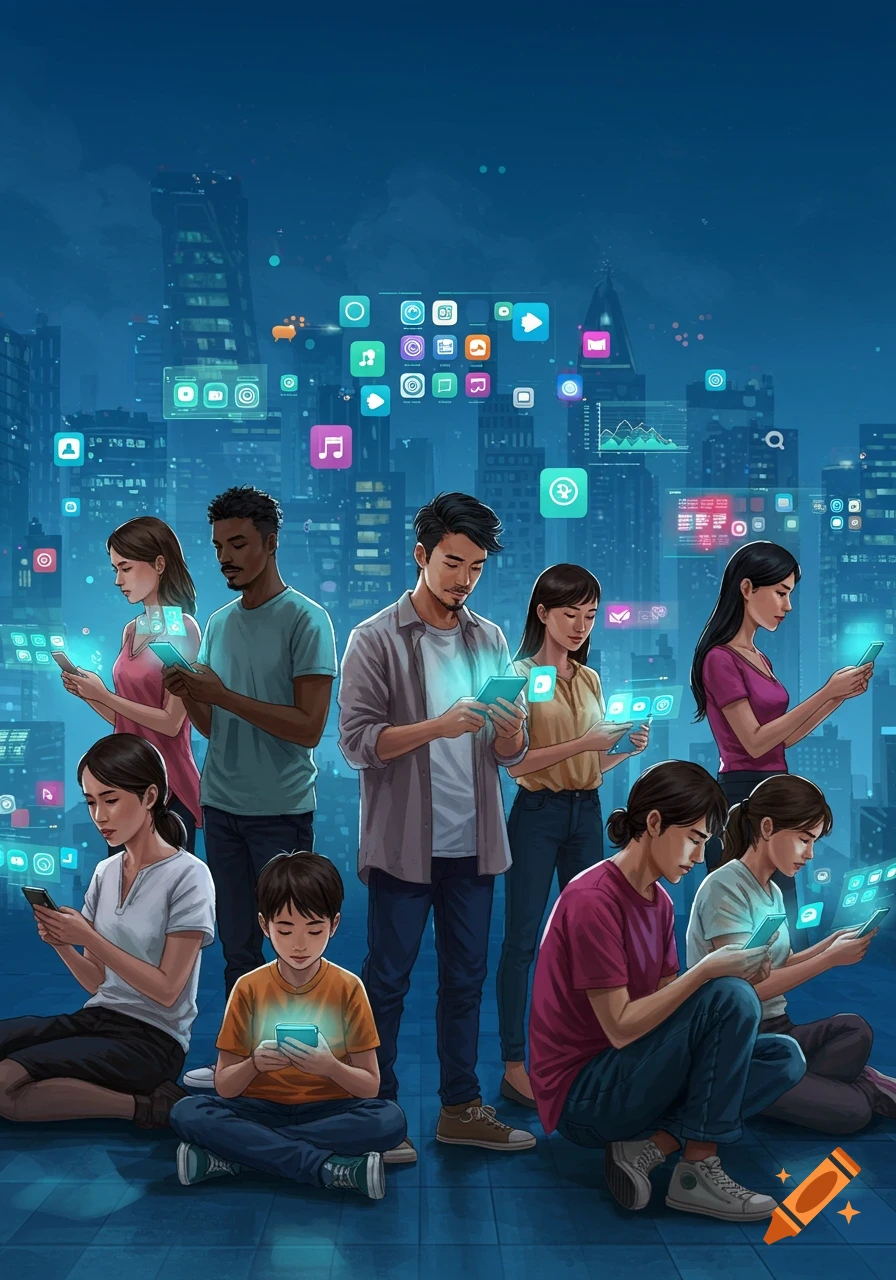 A diverse group of people, including adults and a child, are engrossed in their glowing smartphones against a dark city background with floating app icons in a digital art style.