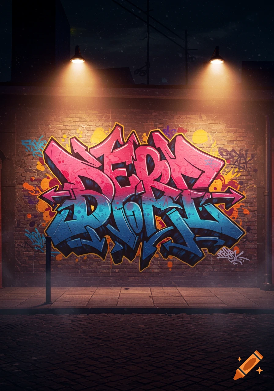 Wildstyle graffiti spelling "Derp" in pink and blue on a brick wall, illuminated by two spotlights at night.