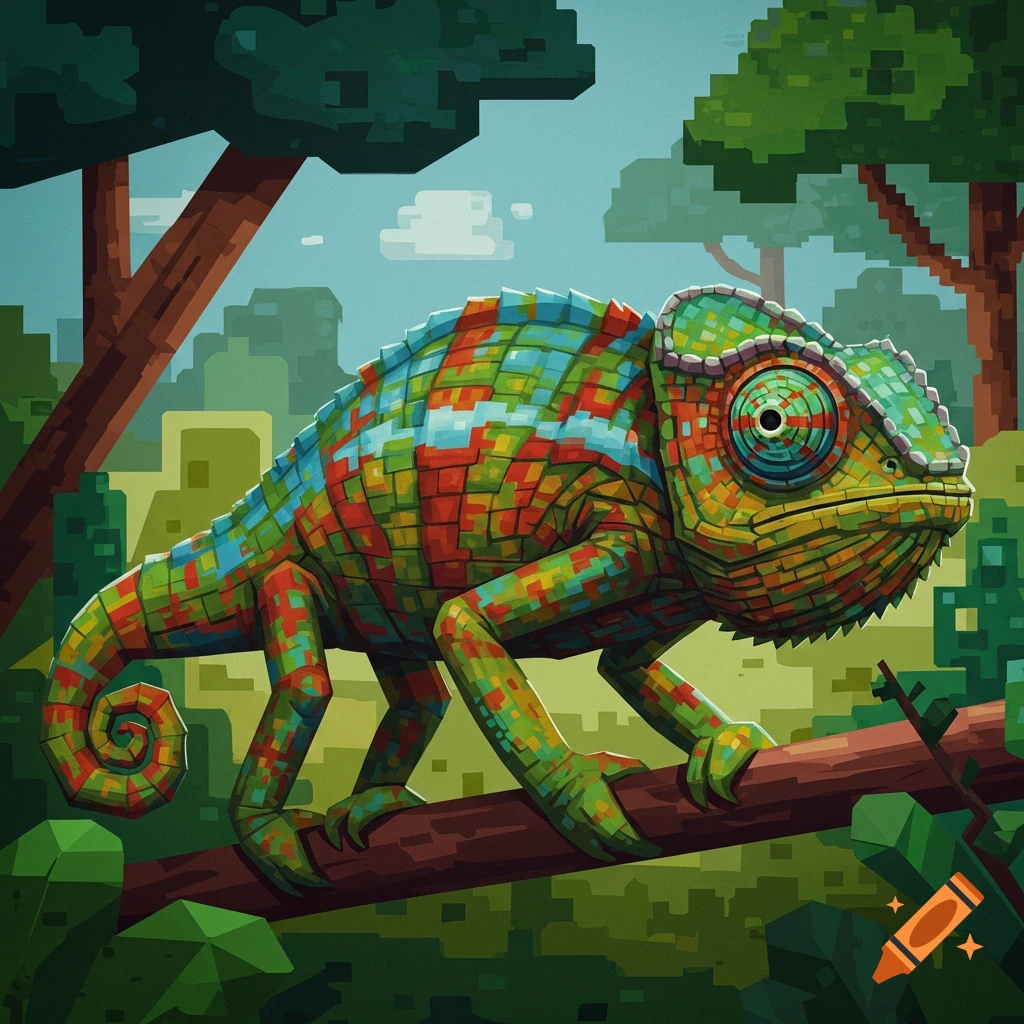A colorful pixel art chameleon, rendered in a blocky style with red, blue, green, and yellow scales, perches on a branch in a pixelated forest.