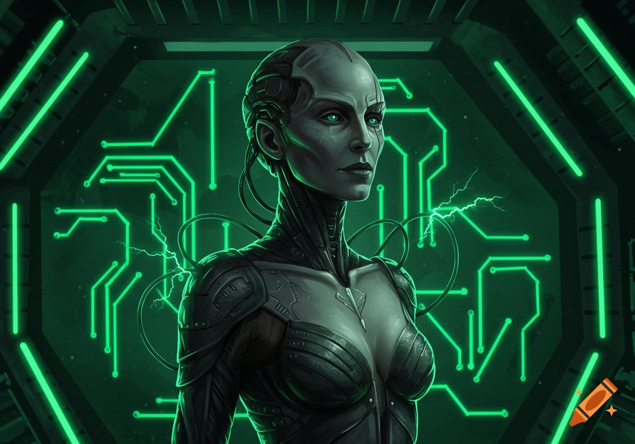 A futuristic cyborg woman with green glowing eyes and metallic skin, wearing a robotic suit, against a dark background with neon green circuit patterns.