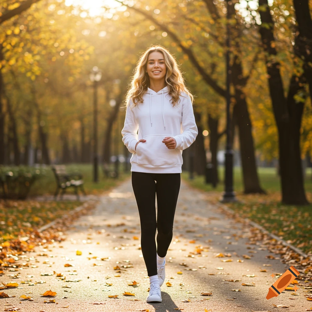 A young blonde woman in a white hoodie and black leggings jogs on a path in a sunny autumn park.