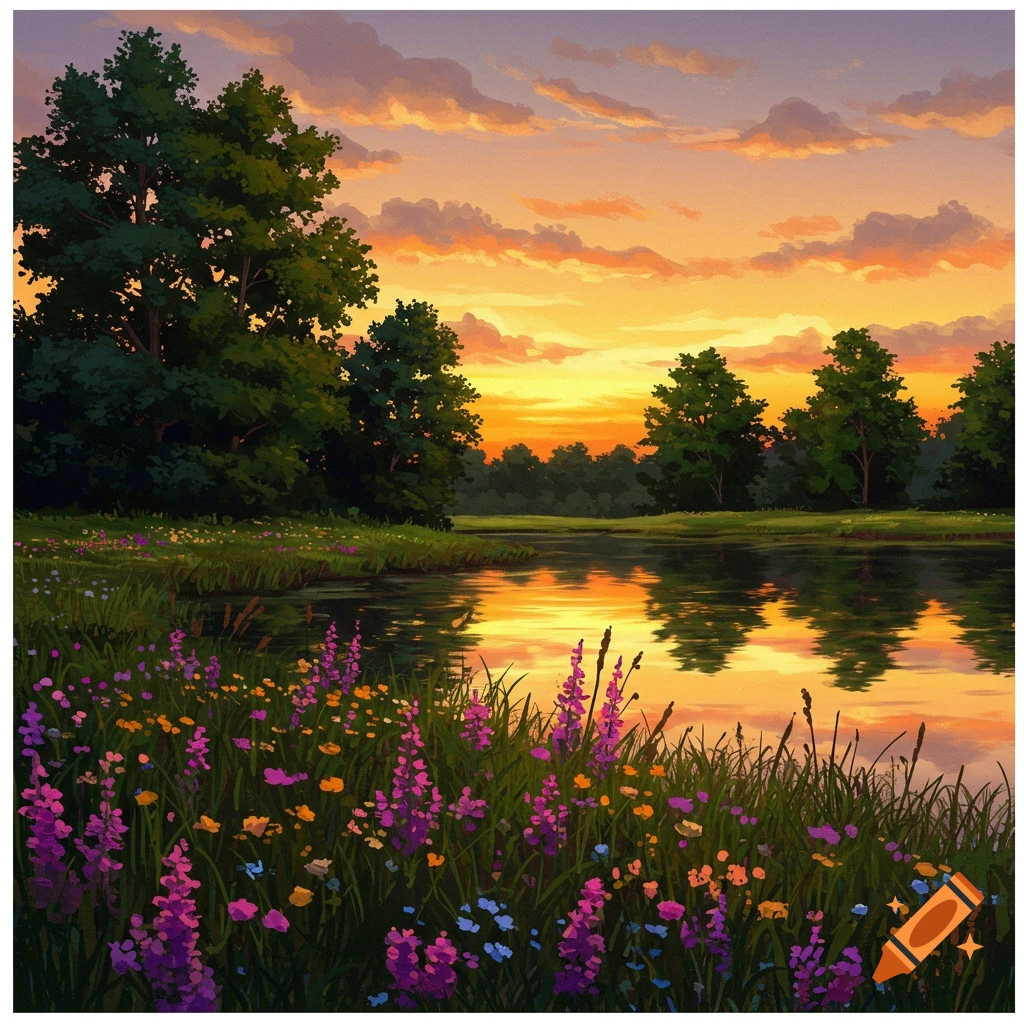 Vibrant painterly landscape at sunset with a lake reflecting the orange sky, bordered by colorful wildflowers and trees.
