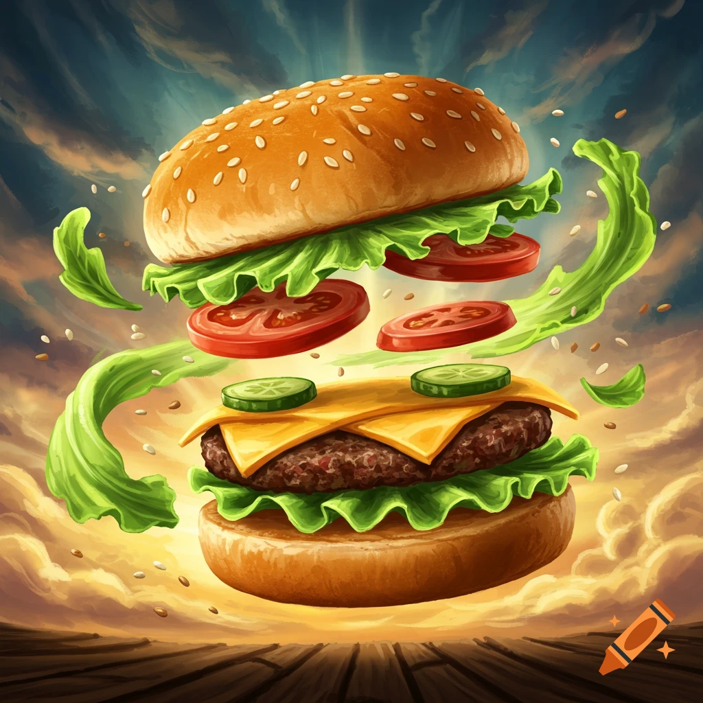 A deconstructed hamburger with bun, patty, cheese, lettuce, tomatoes, and pickles suspended mid-air against a dramatic, cloudy sky.