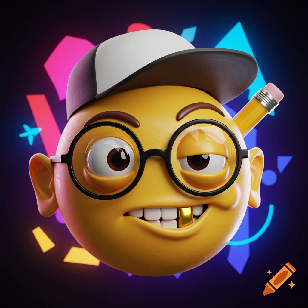 A 3D rendered yellow emoji wearing a white and black baseball cap, round glasses, and a gold tooth, with a pencil behind its ear, against a neon geometric background.