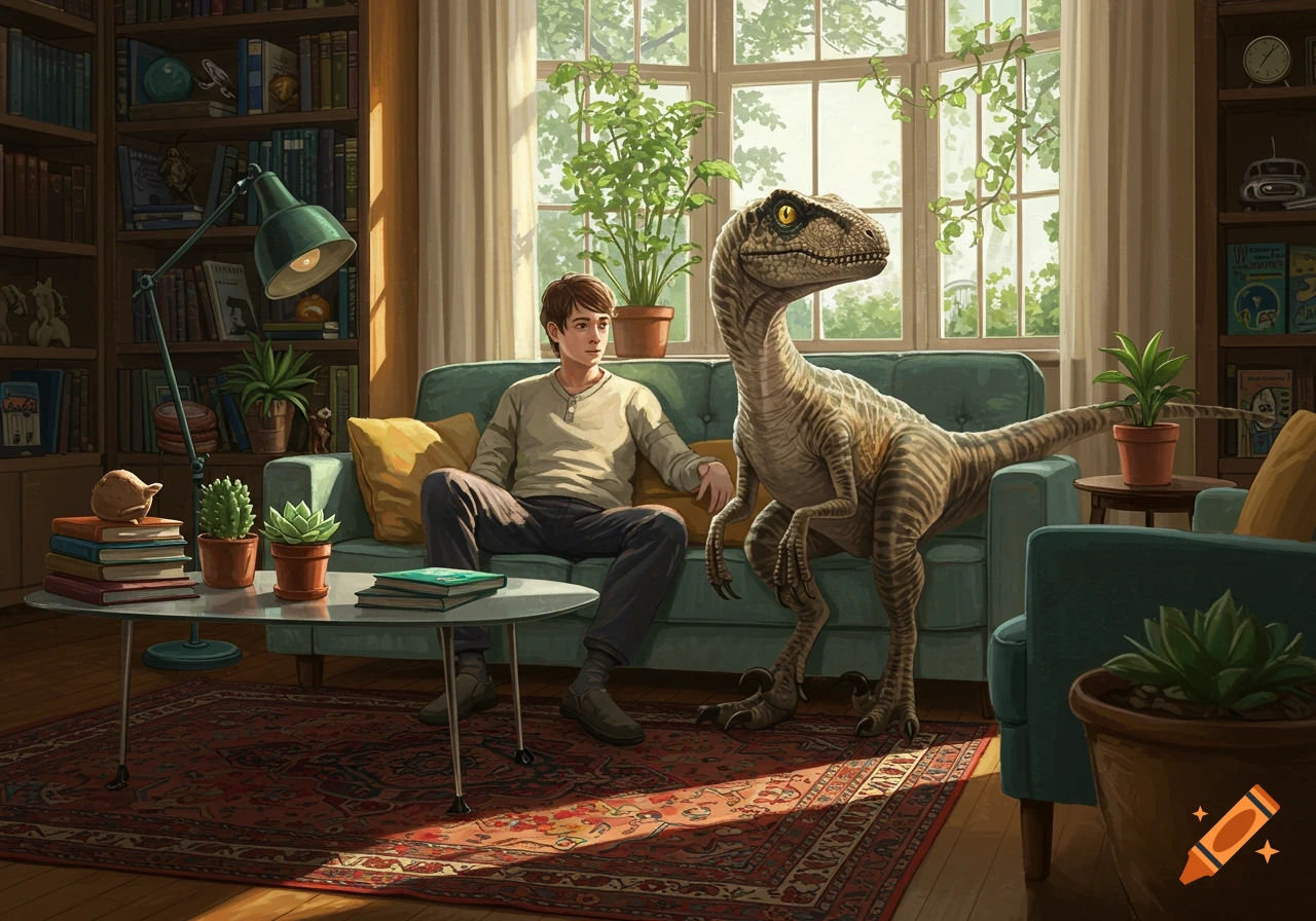 A man sits on a sofa in a sunlit living room with a Velociraptor standing beside him. Bookshelves and plants fill the room.