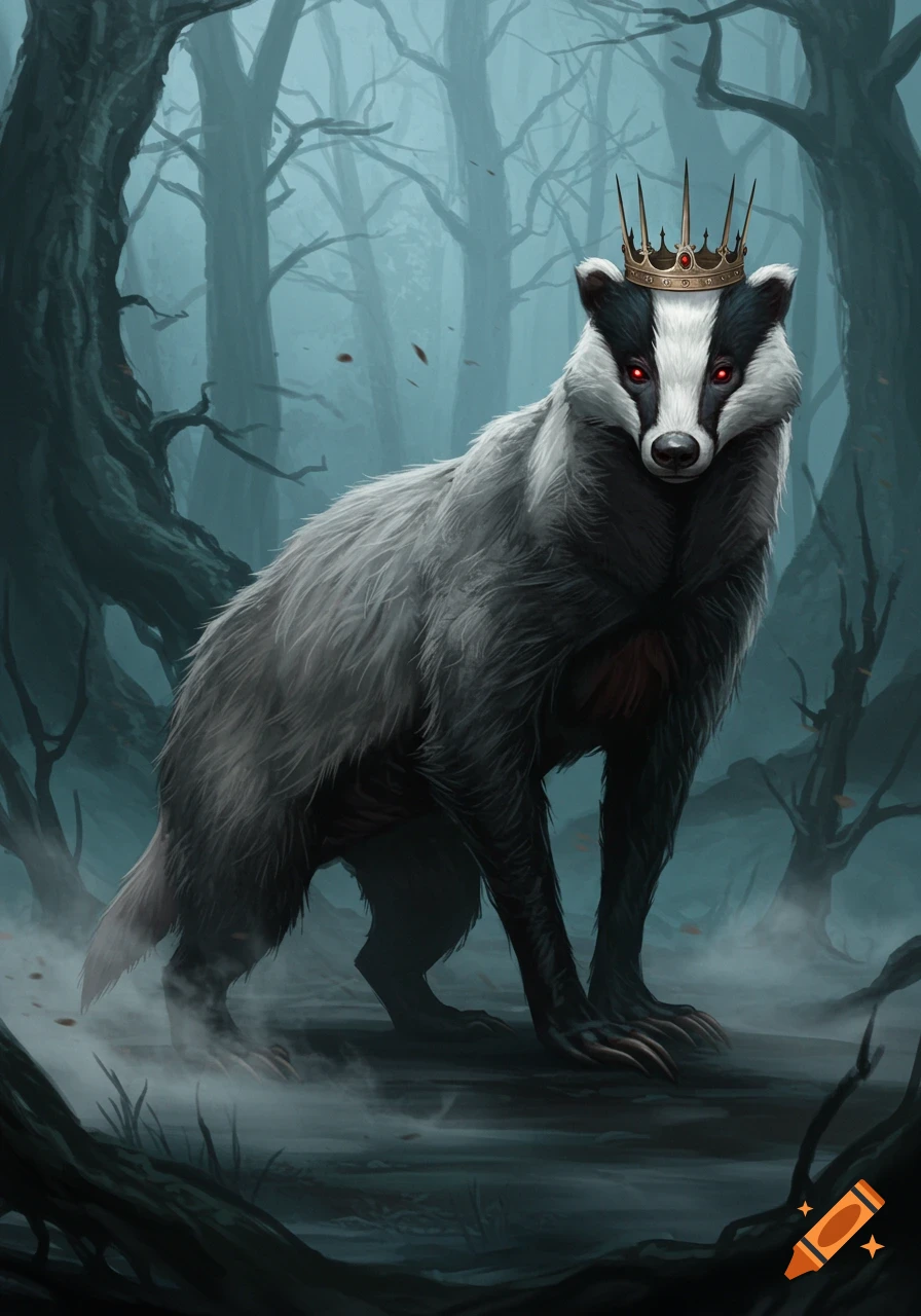 A creature resembling a badger with glowing red eyes and a spiky gold crown stands in a misty, dark forest.