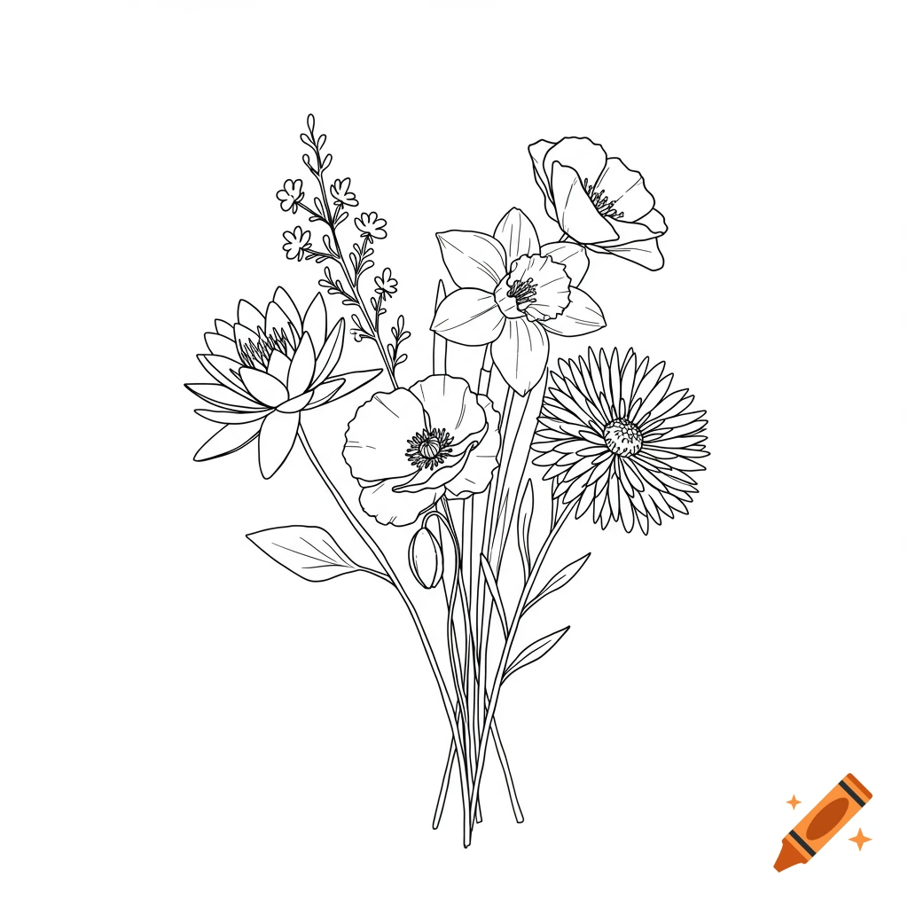 Black and white minimalist line drawing of a bouquet featuring a water lily, daffodil, poppy, and aster with clean outlines.