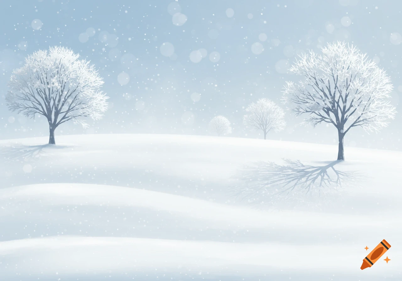 A serene snowy landscape with frost-covered trees under a soft, falling snow.