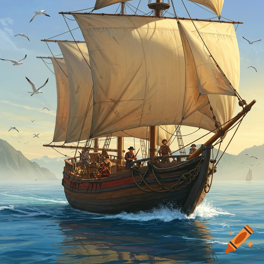 A large, three-masted settler schooner with full sails glides on blue-green waters, with distant mountains and seagulls under a clear sky.