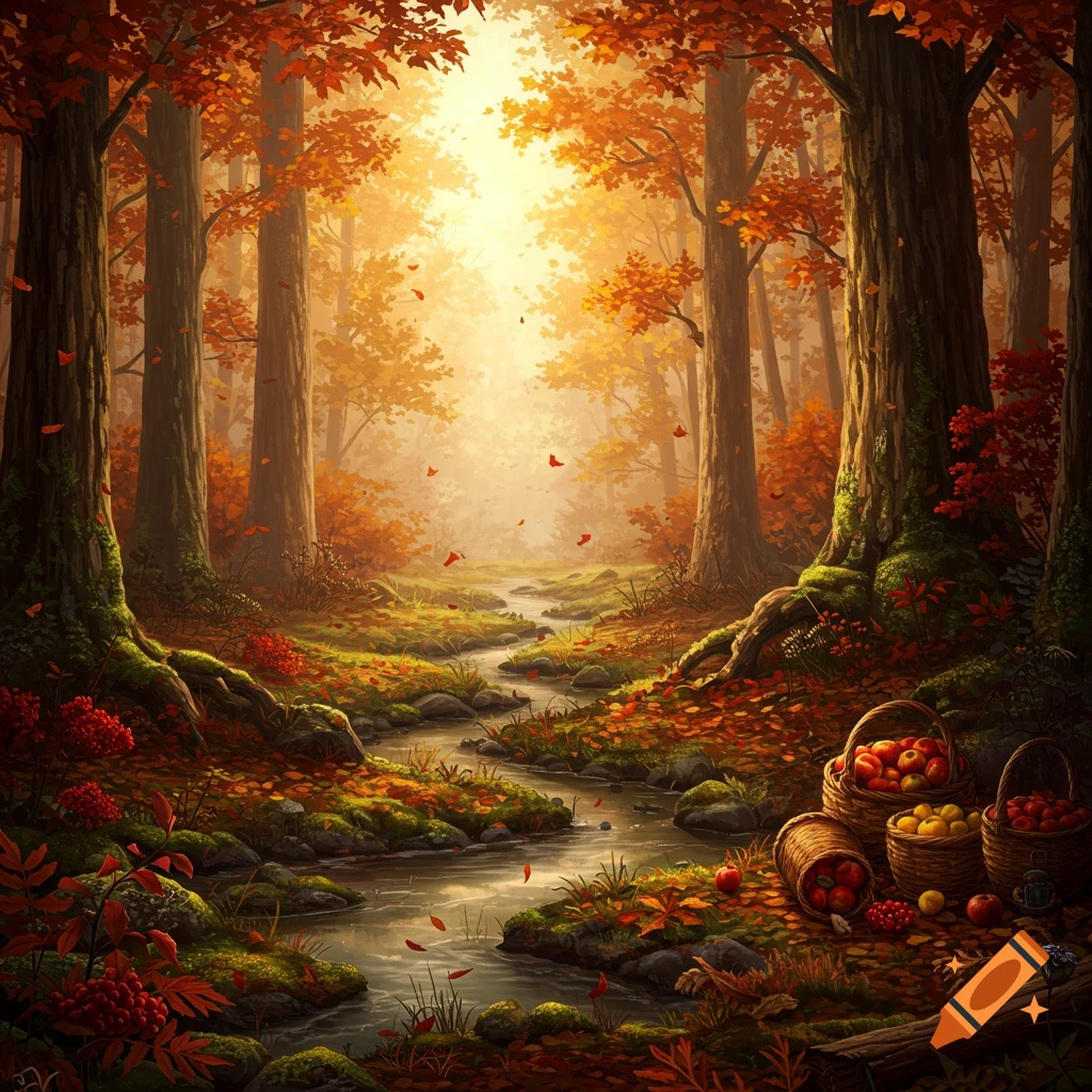 Vibrant, painterly autumn forest with a winding stream, golden light, falling leaves, and baskets of apples on the forest floor.