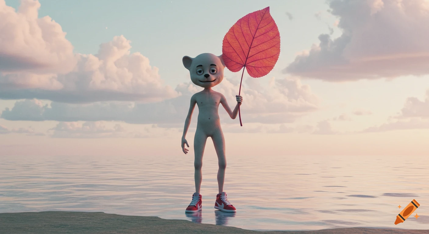 A surreal, grey humanoid character with red sneakers stands on a beach, holding a large red leaf, under a pastel sky.
