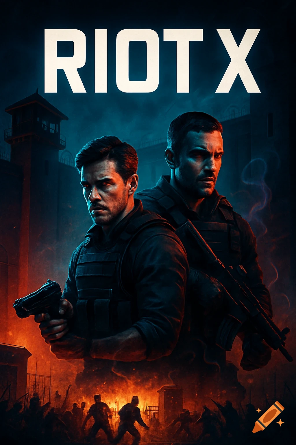 Stylized movie poster for 'RIOT X' showing two men in tactical gear with weapons against a burning prison during a riot.