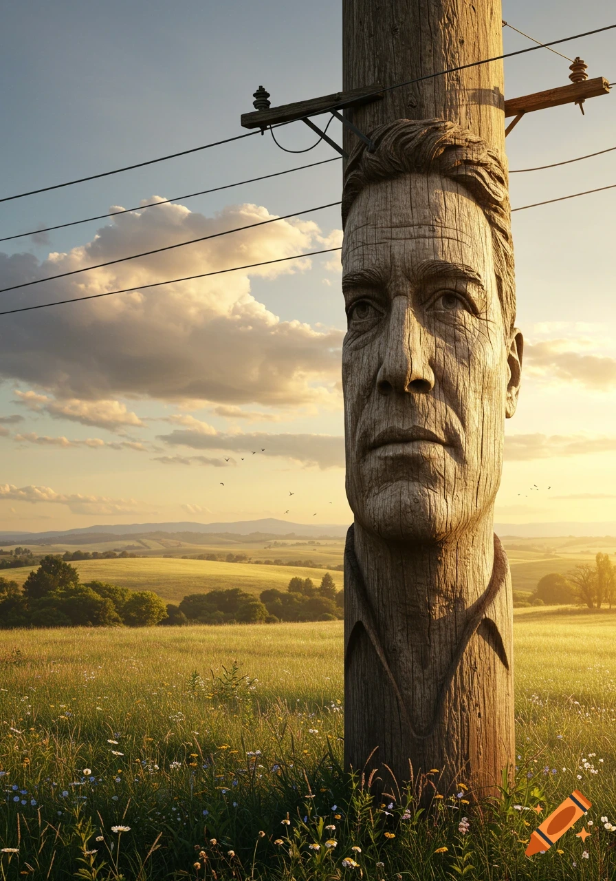 A detailed wooden telephone pole carved with a man's face stands in a sunlit rural field with distant hills.
