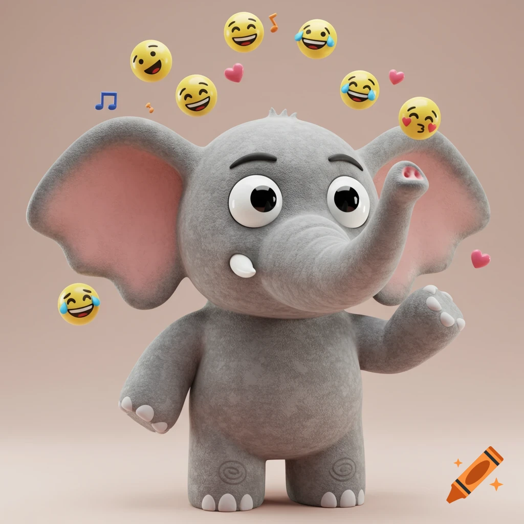 A cute, gray, cartoon elephant waves, surrounded by laughing emojis, music notes, and pink hearts.