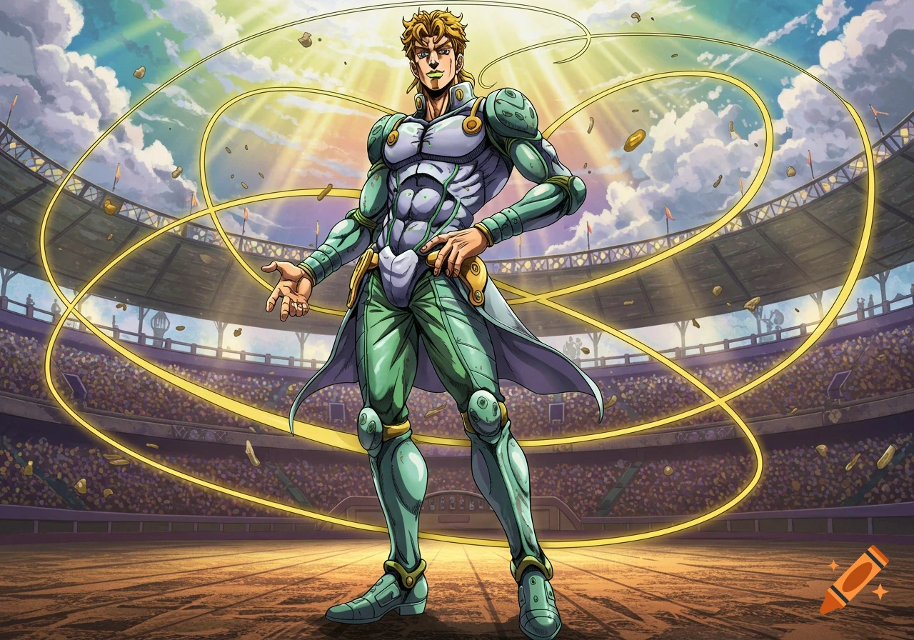 A muscular anime male character with spiky blonde hair and green lipstick, in a grey and green suit, stands in a stadium.