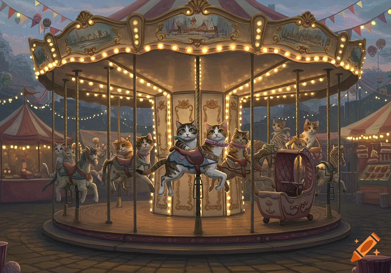 Cute cats ride on a brightly lit carousel at a whimsical carnival at dusk.