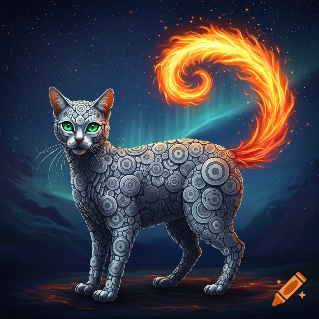 A stylized cat with a body of gray circles and green eyes, featuring a fiery swirling tail against a starry night sky with aurora.