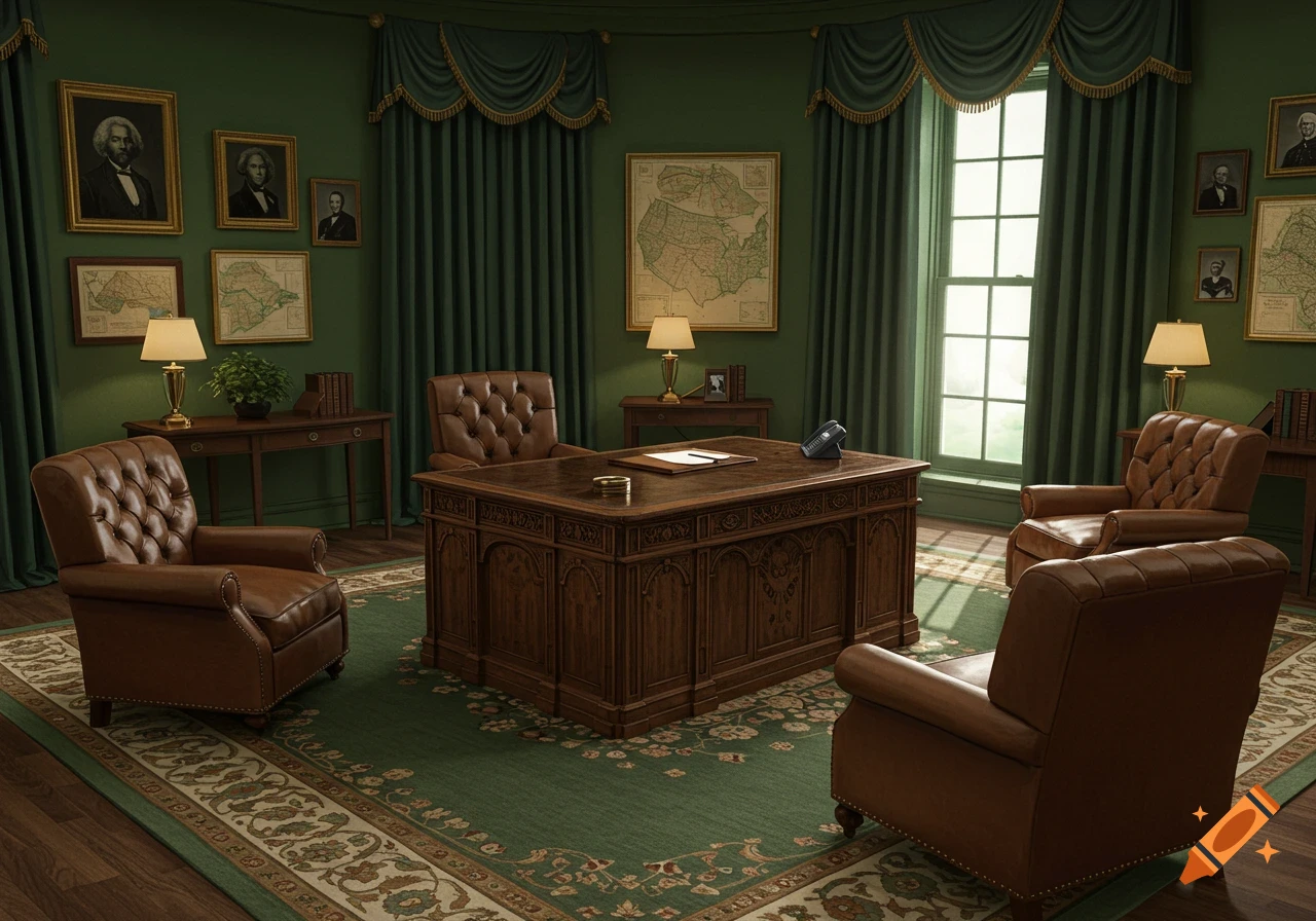 A stately office featuring a dark carved oak desk, brown leather chairs, green walls, and a patterned green rug.