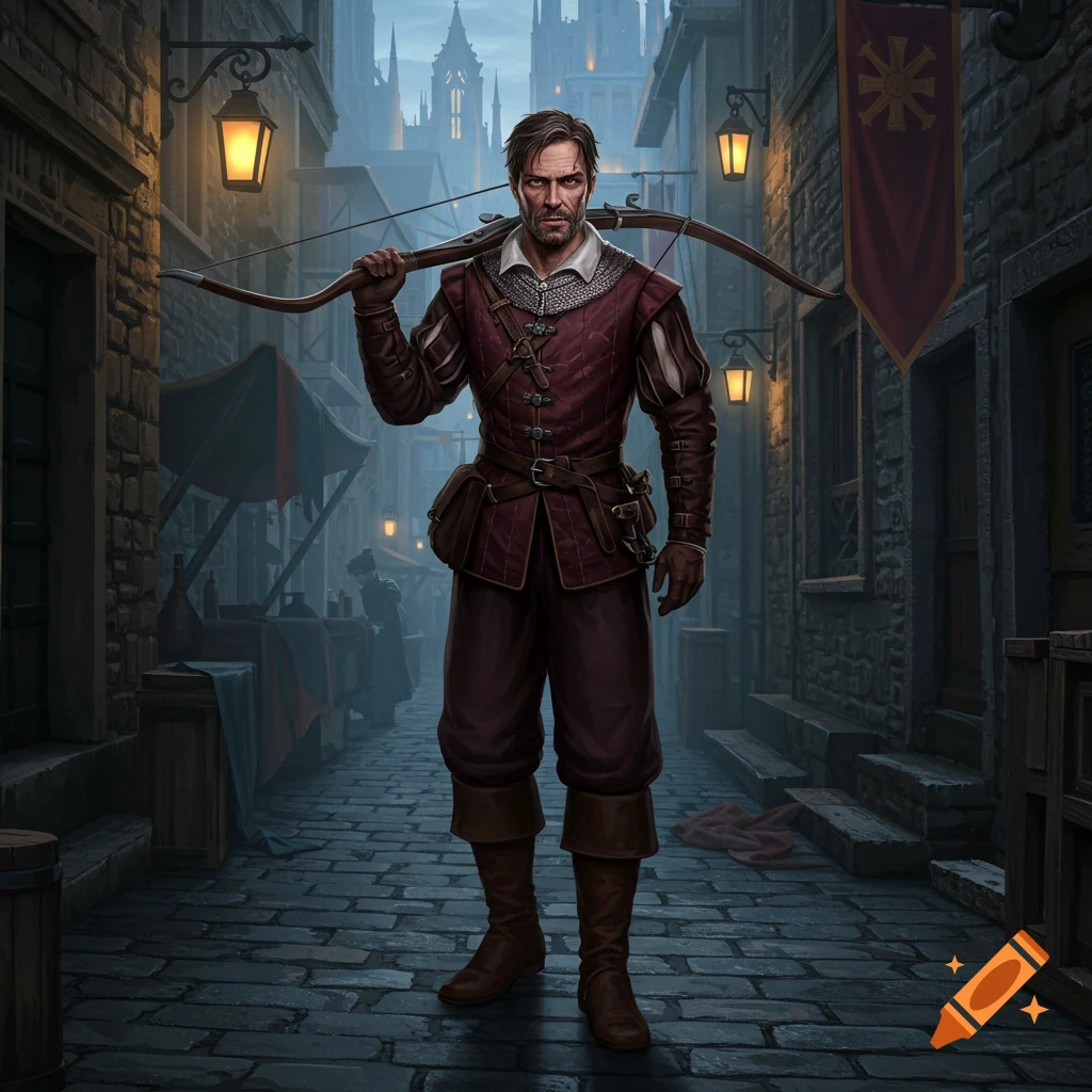 A stern middle-aged man in medieval attire holding an arbalest over his shoulder, standing in a dark, lantern-lit stone street.