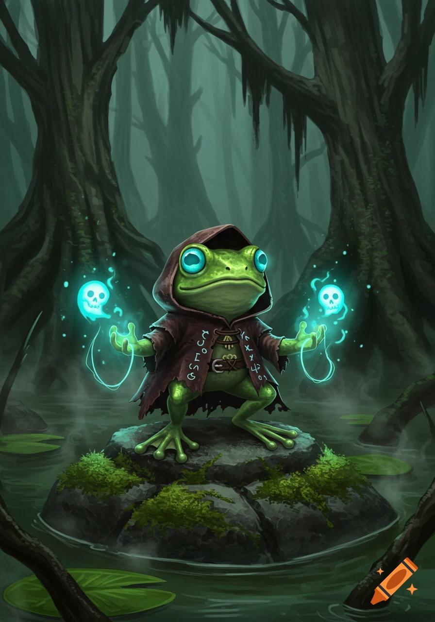 A cute frog necromancer in a robe stands on a rock in a dark swamp, conjuring glowing skull spirits.