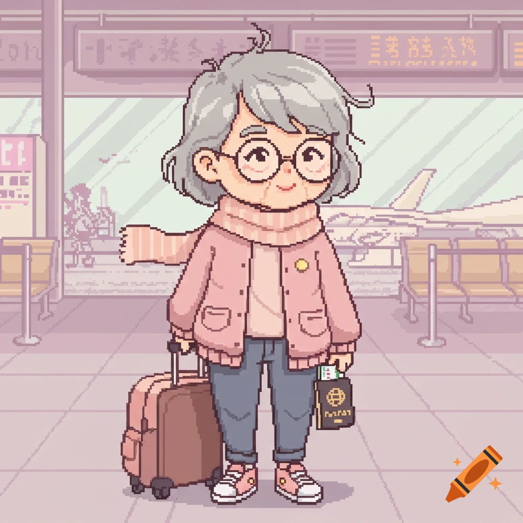 Pixel art cartoon of a smiling elderly Asian woman with grey hair, glasses, pink jacket, holding a passport and suitcase at an airport.