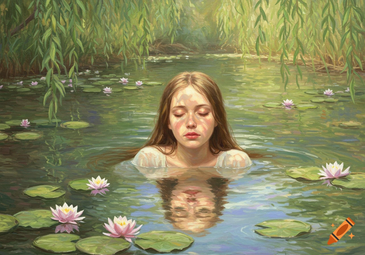 Impressionistic painting of a young woman submerged in water among lily pads and willow branches, eyes closed.