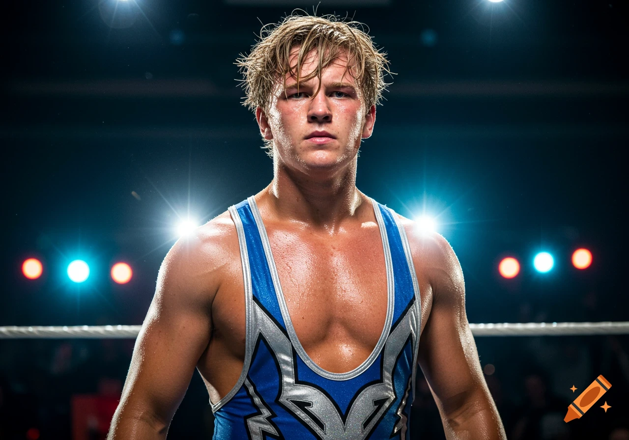 A young, sweaty male pro wrestler in a blue and silver singlet stares intensely into the camera under bright arena lights.