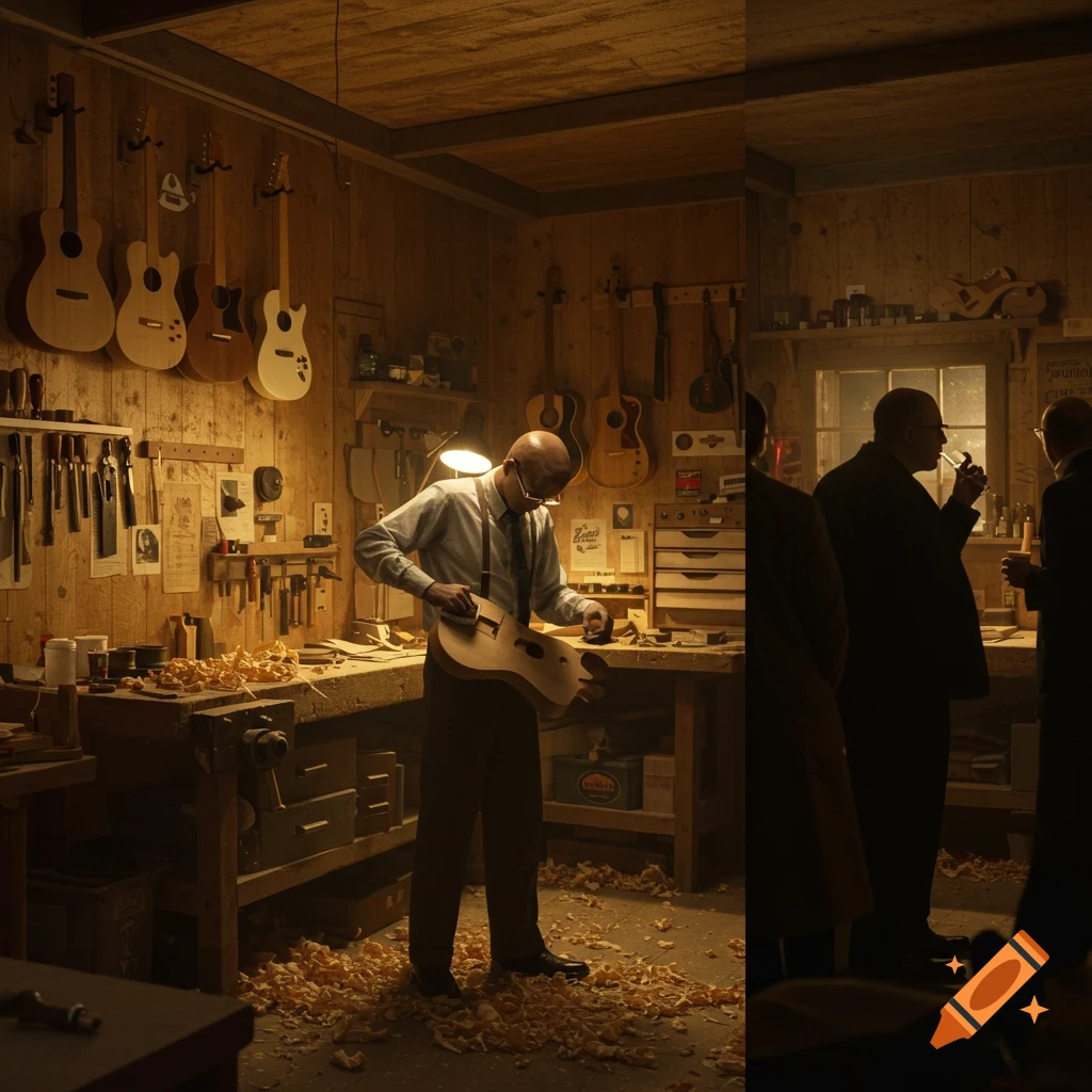 A man in a vintage wood workshop works on a guitar body, surrounded by tools, wood shavings, and hanging guitars. Golden light fills the room.