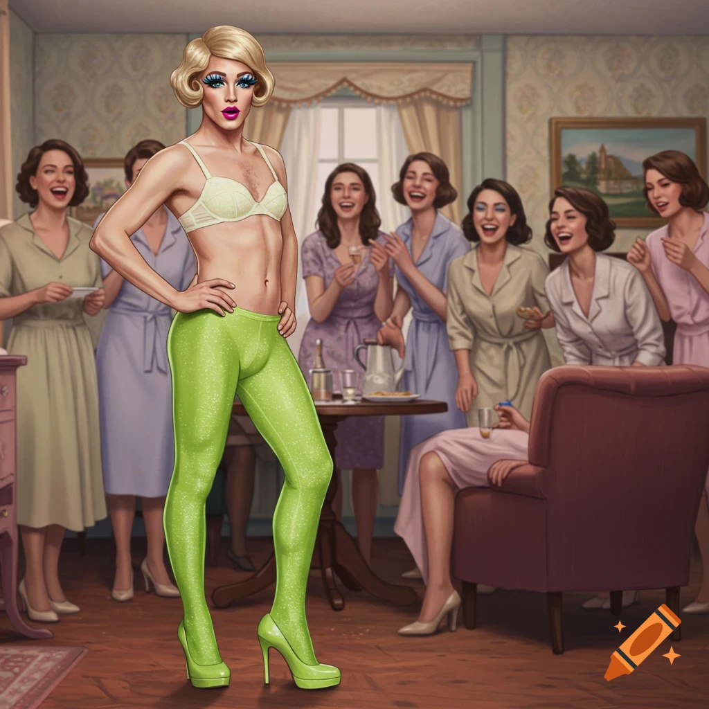 An illustrated drag queen in a white bra and sparkly lime green leggings and heels, poses while women in the background laugh.