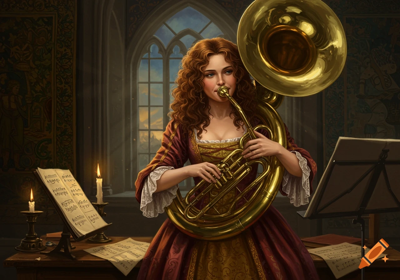 Renaissance painting of a woman with curly red hair, in a red and gold dress, playing a brass sousaphone in a grand room with arched windows and candles.