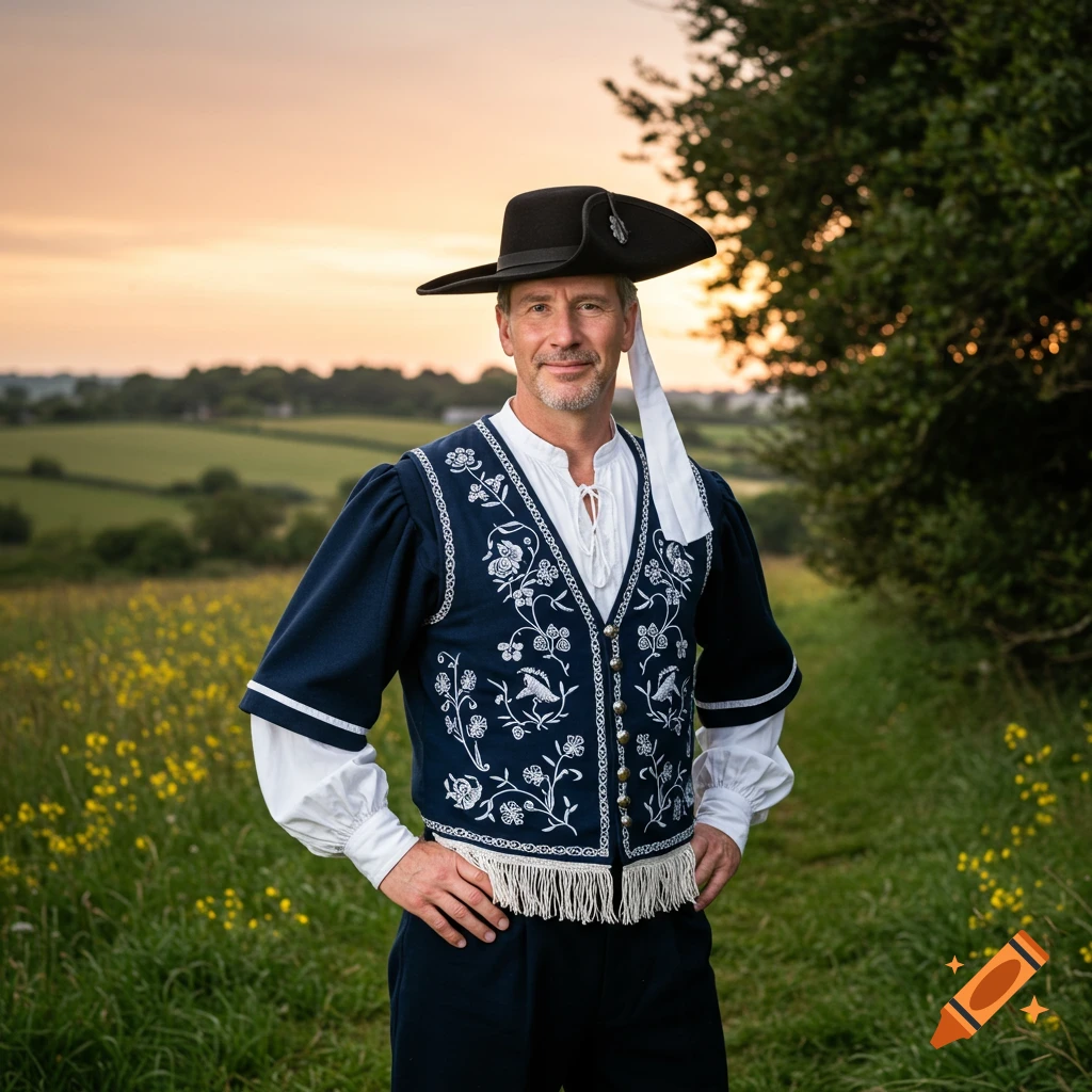 Man in traditional Breton costume with a black hat stands in a green field with yellow flowers at sunset.
