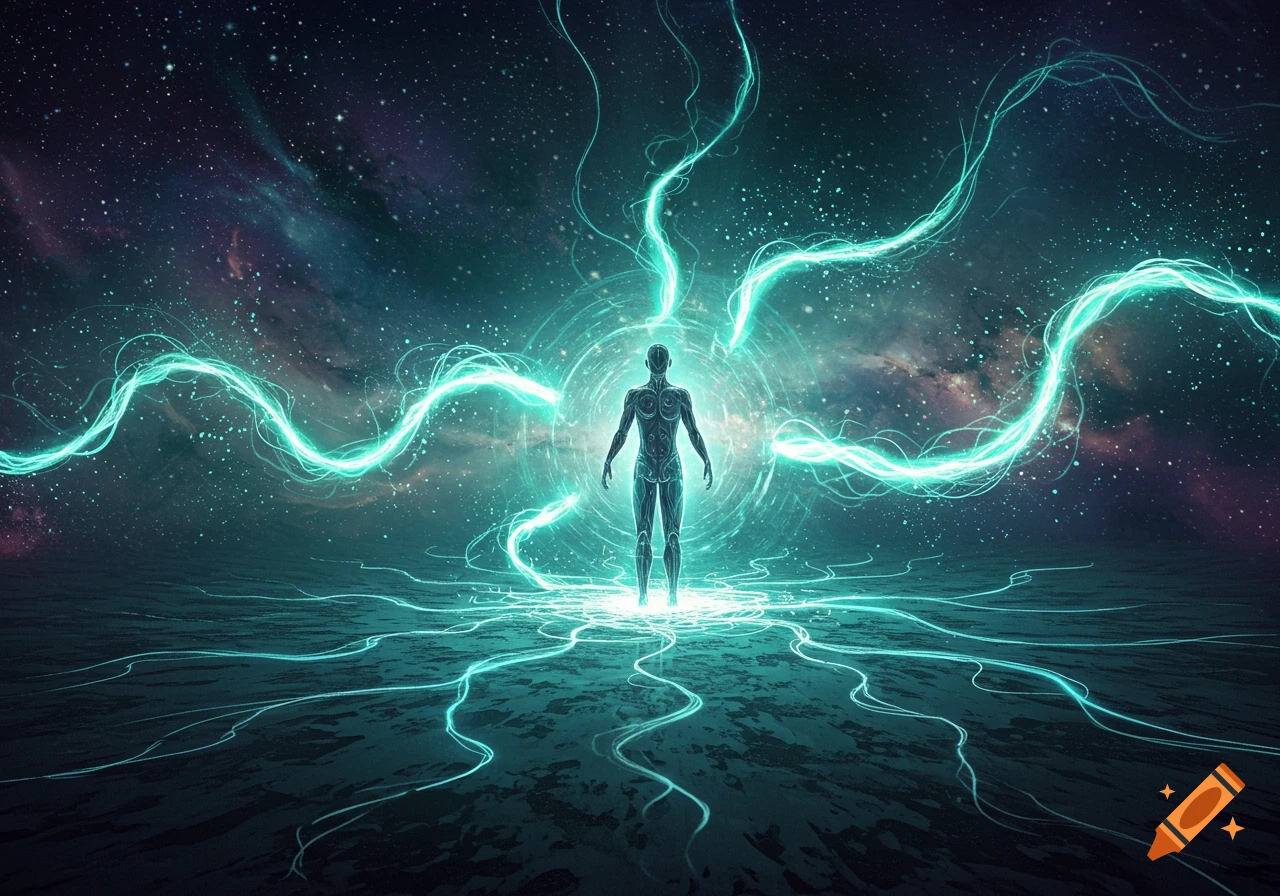A glowing teal humanoid figure stands in a cosmic landscape, surrounded by swirling energy tendrils and bright light.
