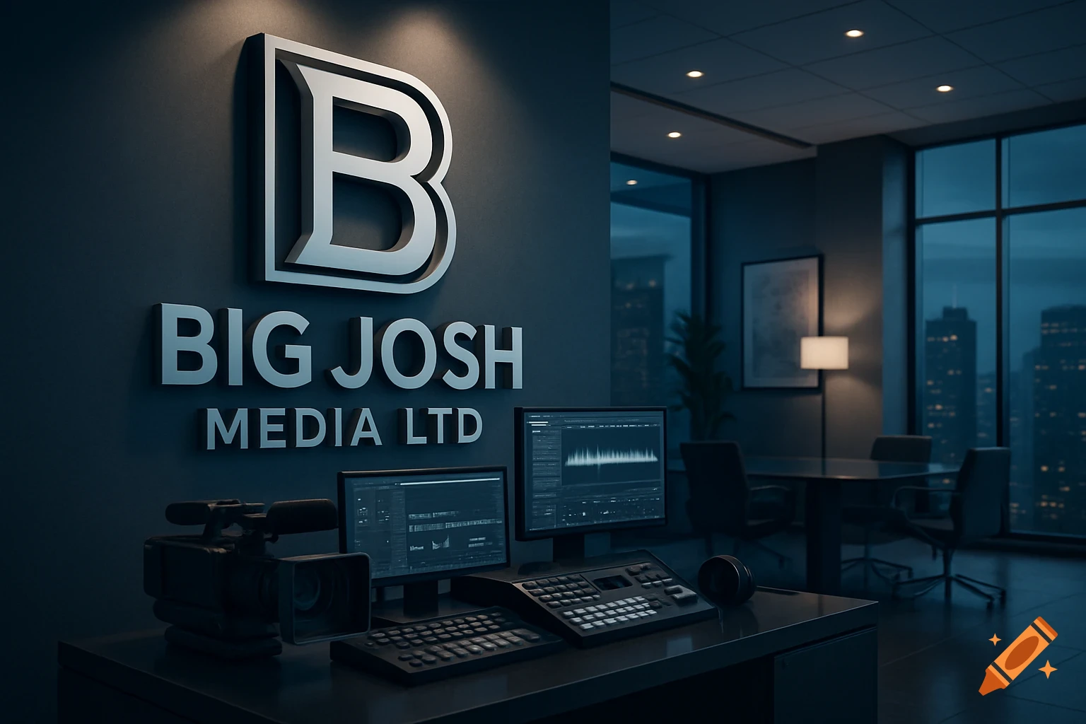 Photorealistic image of a dimly lit modern media office with a 'BIG JOSH MEDIA LTD' logo, workstation, and city view at night.