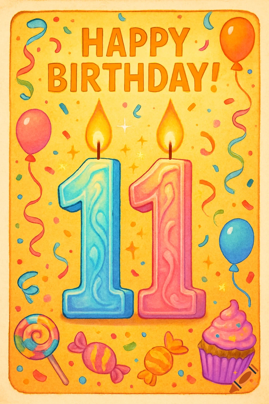 A stylized illustration of a happy birthday card for an 11-year-old, featuring lit candles shaped like the number 11, balloons, confetti, and candy on a warm yellow background.