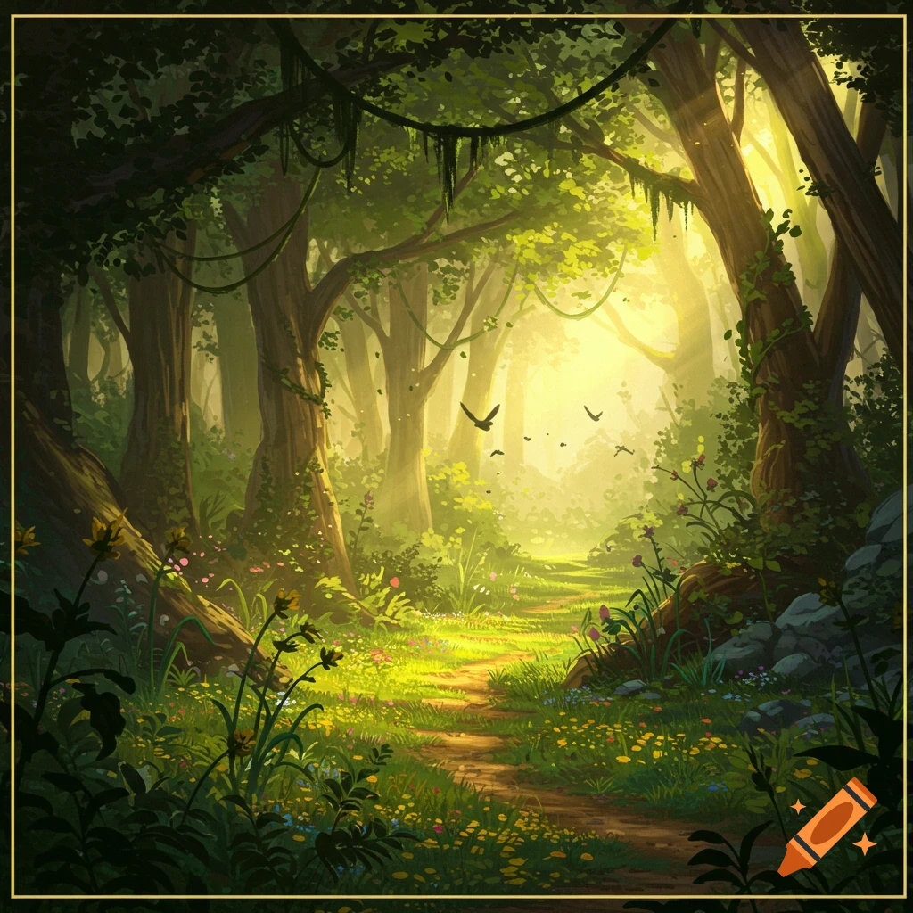 A sunlit forest path winding through tall trees, lush greenery, and wildflowers, with birds flying.