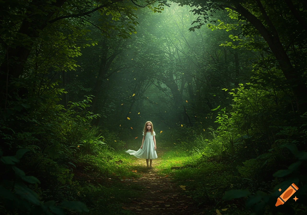 A young girl in a white dress stands on a path in a lush, magical forest, illuminated by a beam of light from above.