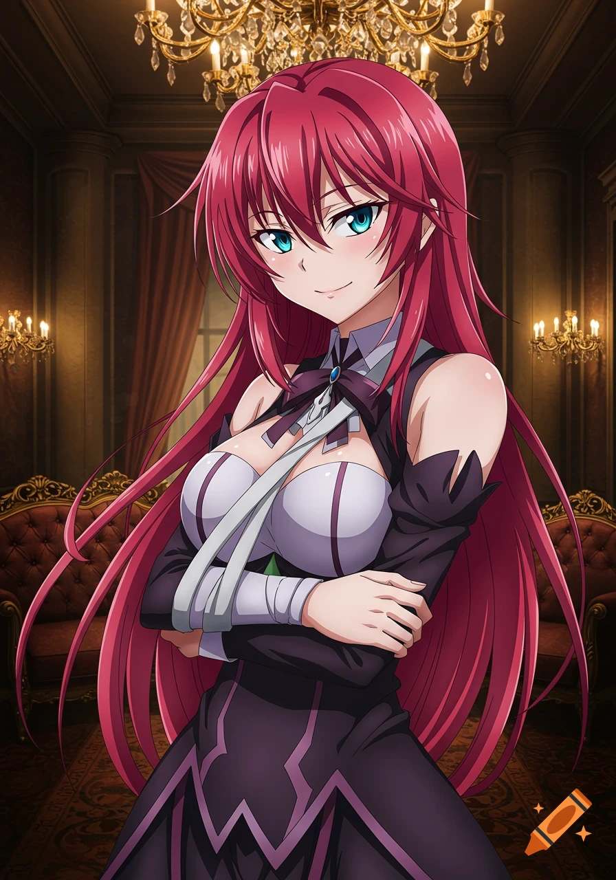 An anime girl, Rias Gremory, with long red hair and blue eyes, smirks in an opulent room, her arm in a sling.