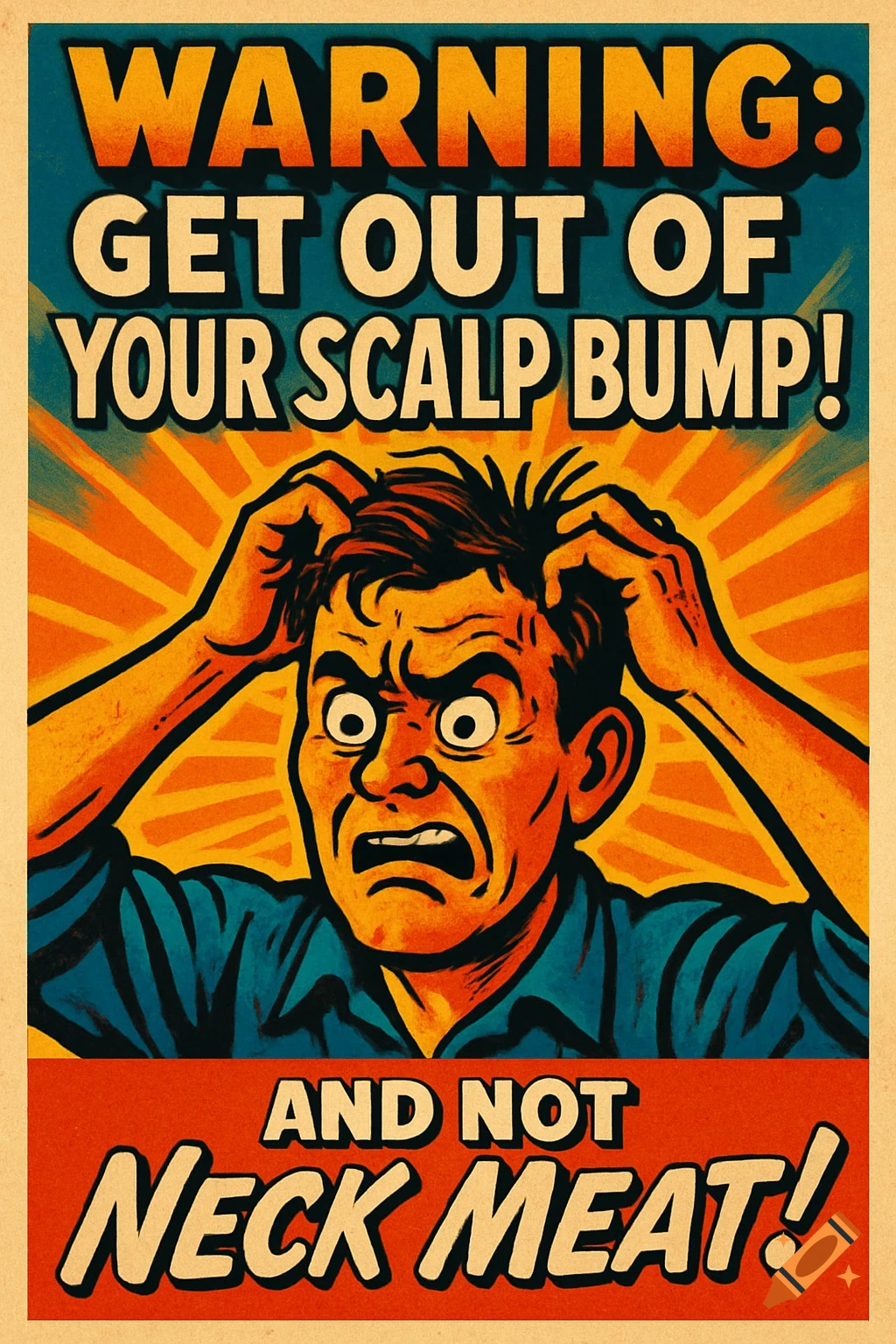 Retro warning poster in comic art style, showing a man frantically scratching his head with text about scalp bumps and neck meat.