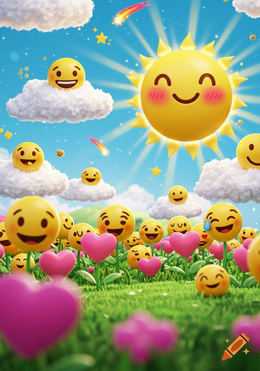 A vibrant cartoon landscape with smiling emoji flowers, pink heart flowers, and a beaming sun under a blue sky with fluffy clouds.