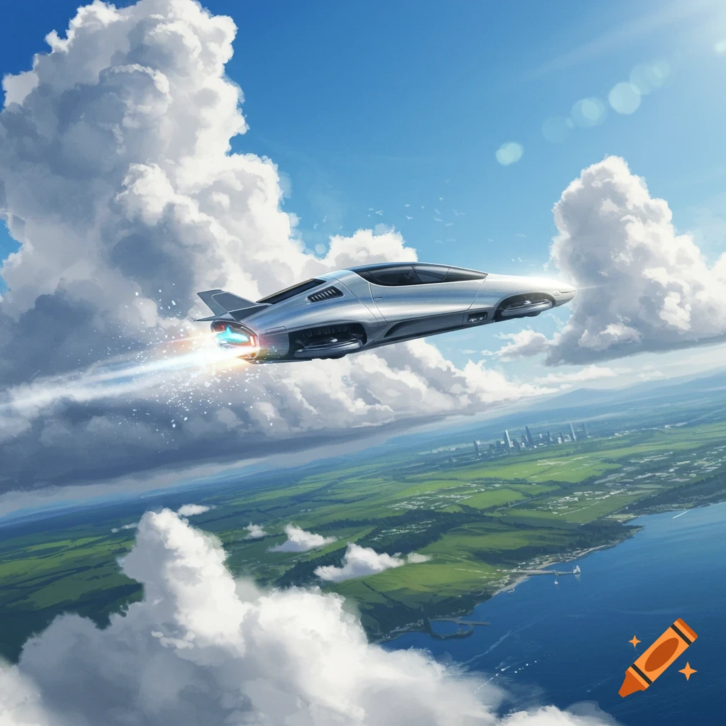 A sleek silver flying car soars through a bright blue sky filled with white clouds, leaving a glowing trail. Below, a vibrant green landscape meets a city skyline and blue ocean.