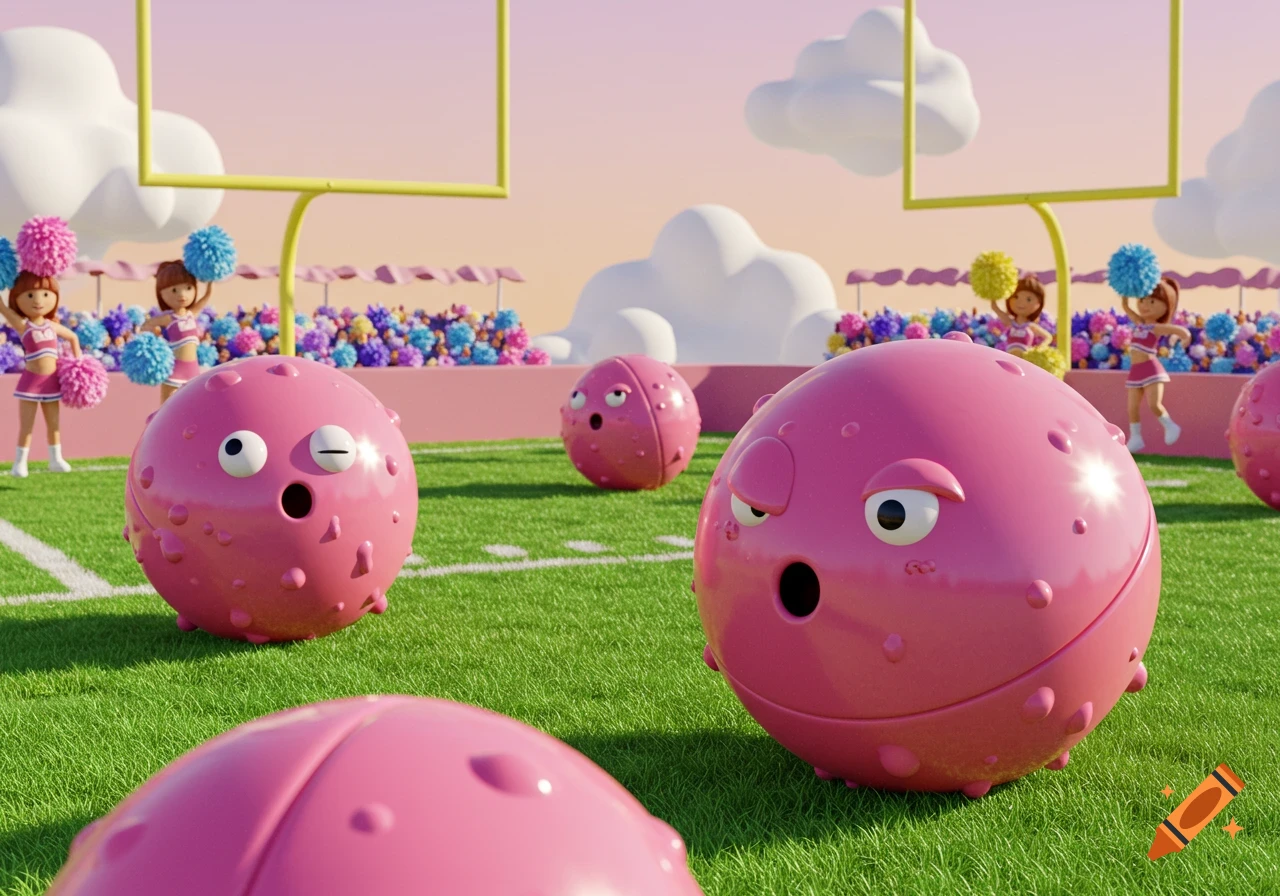 3D cartoon of pink spiky balls with faces on a green football field, with cheerleaders and goalposts in the background.