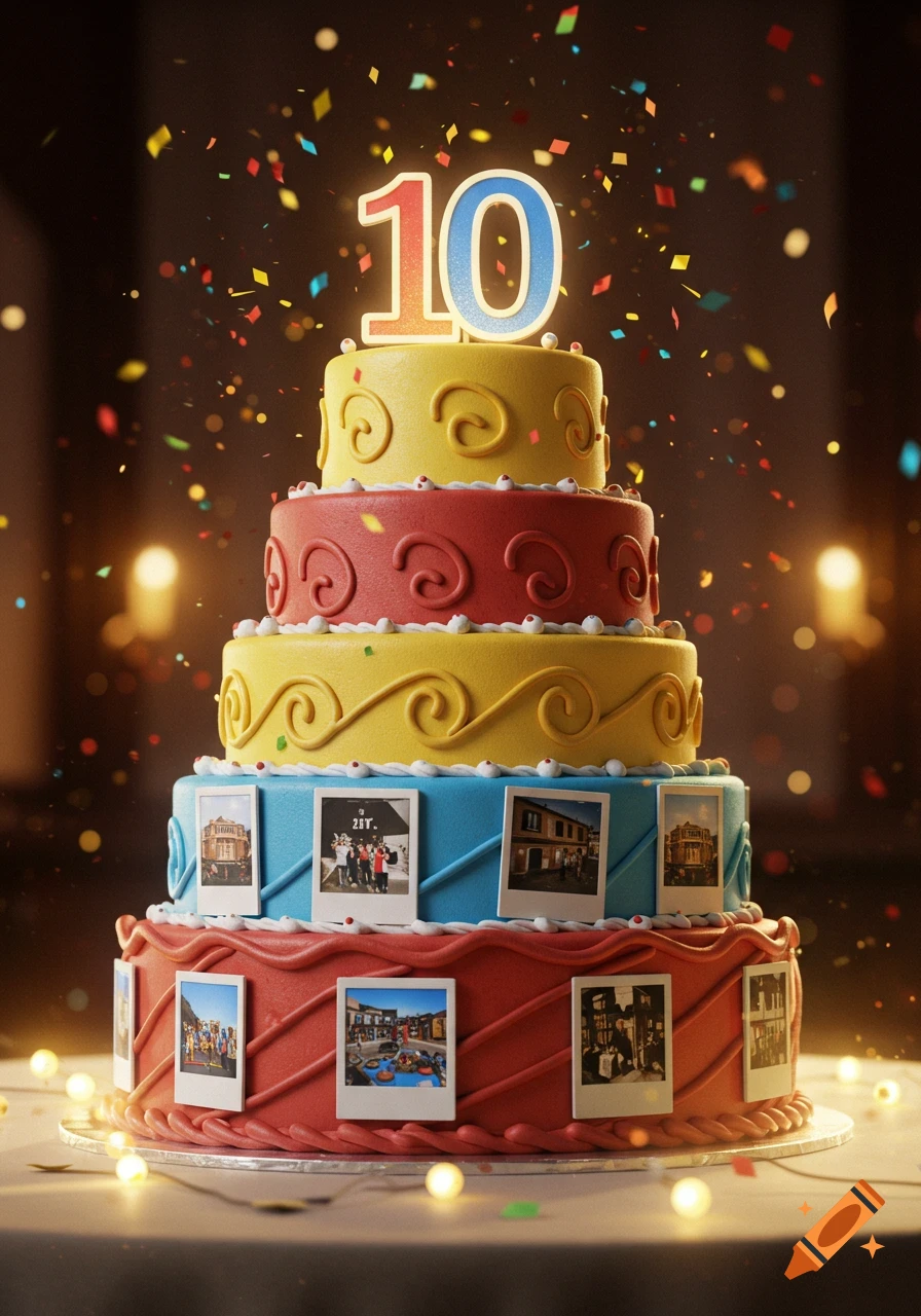 A colorful tiered birthday cake with a glowing '10' on top, decorated with small photos, surrounded by confetti and string lights.