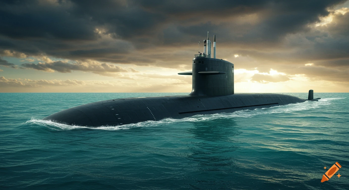 A large black nuclear submarine cruises on a turquoise ocean under a dramatic cloudy sky with sunlight breaking through.