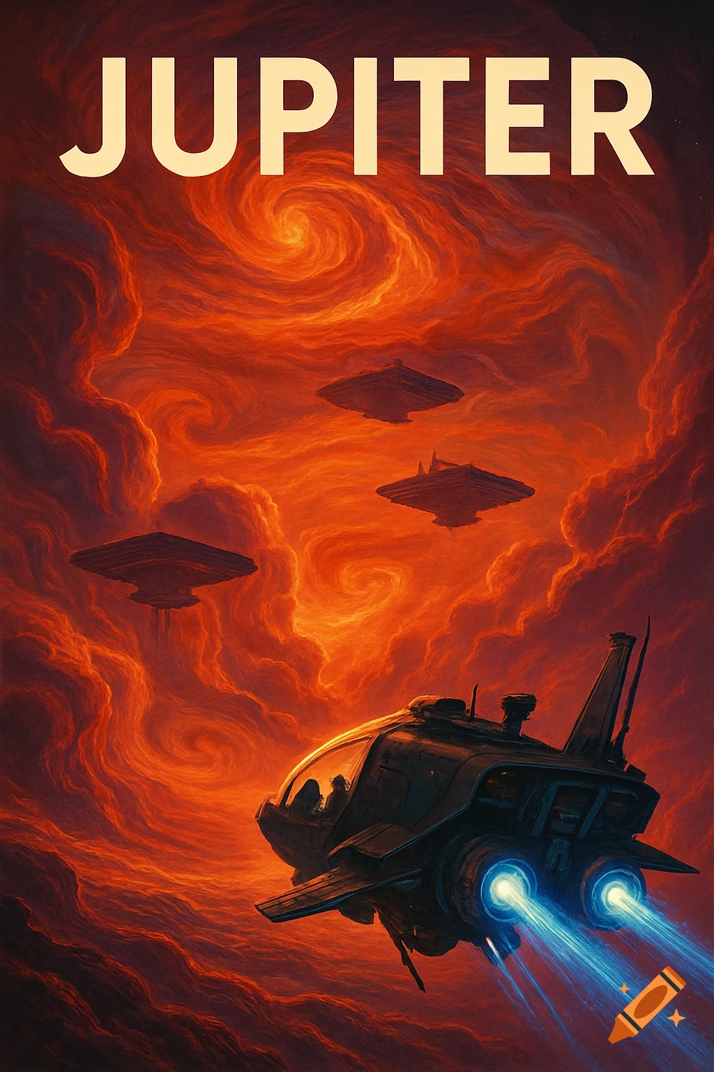 Sci-fi movie poster art featuring spaceships flying into Jupiter's fiery red and orange atmosphere with 'JUPITER' text.