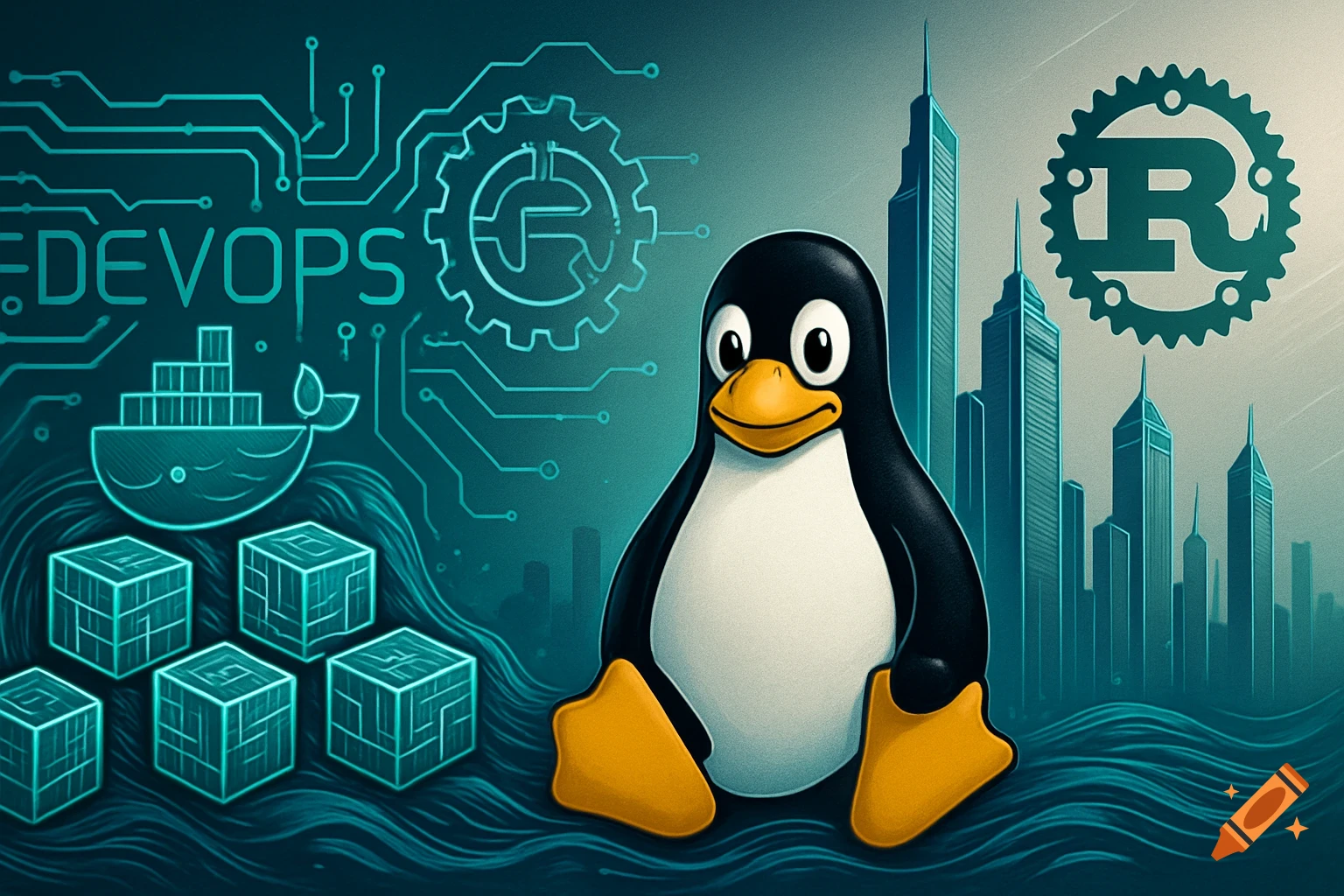 Stylized digital art of a Linux penguin, Docker whale, Rust logo, DEVOPS text, circuit patterns, and a futuristic cityscape.