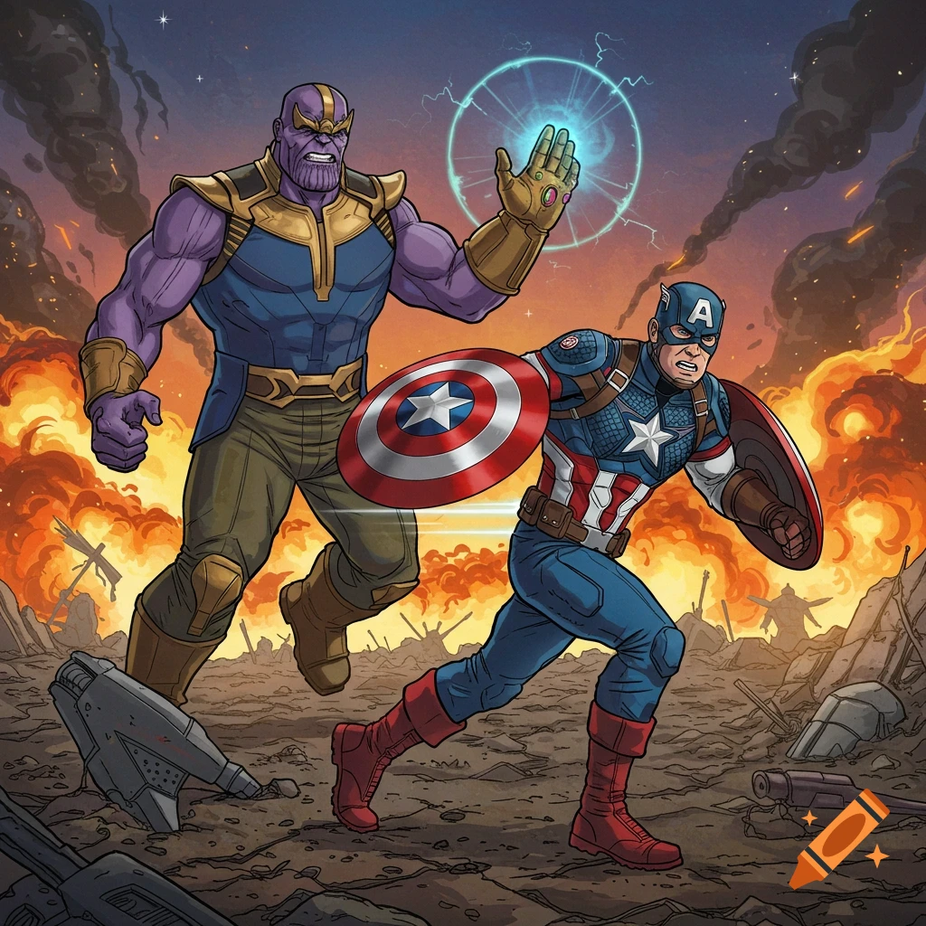 Cartoon-style illustration of Thanos and Captain America battling in a fiery, destroyed landscape.