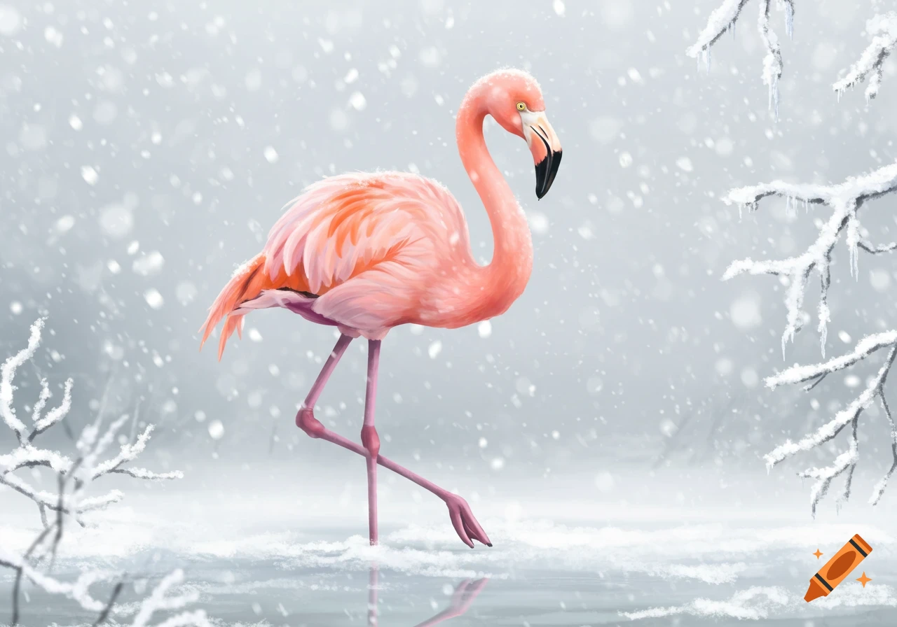 A vibrant pink flamingo stands on one leg in a snowy landscape with falling snow and icy branches, in a stylized illustration.