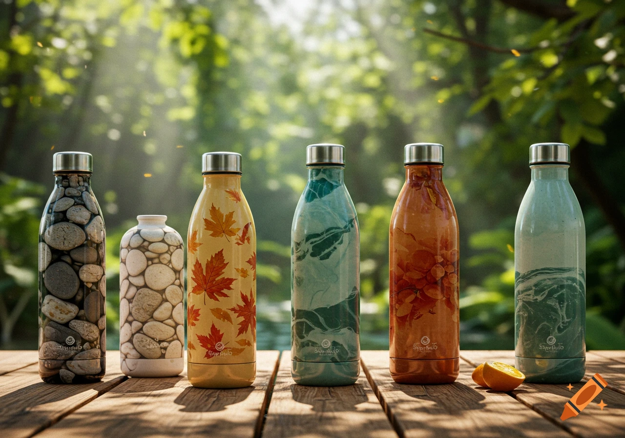 Six nature-inspired water bottles with various patterns on a wooden table outdoors with green foliage in the background.